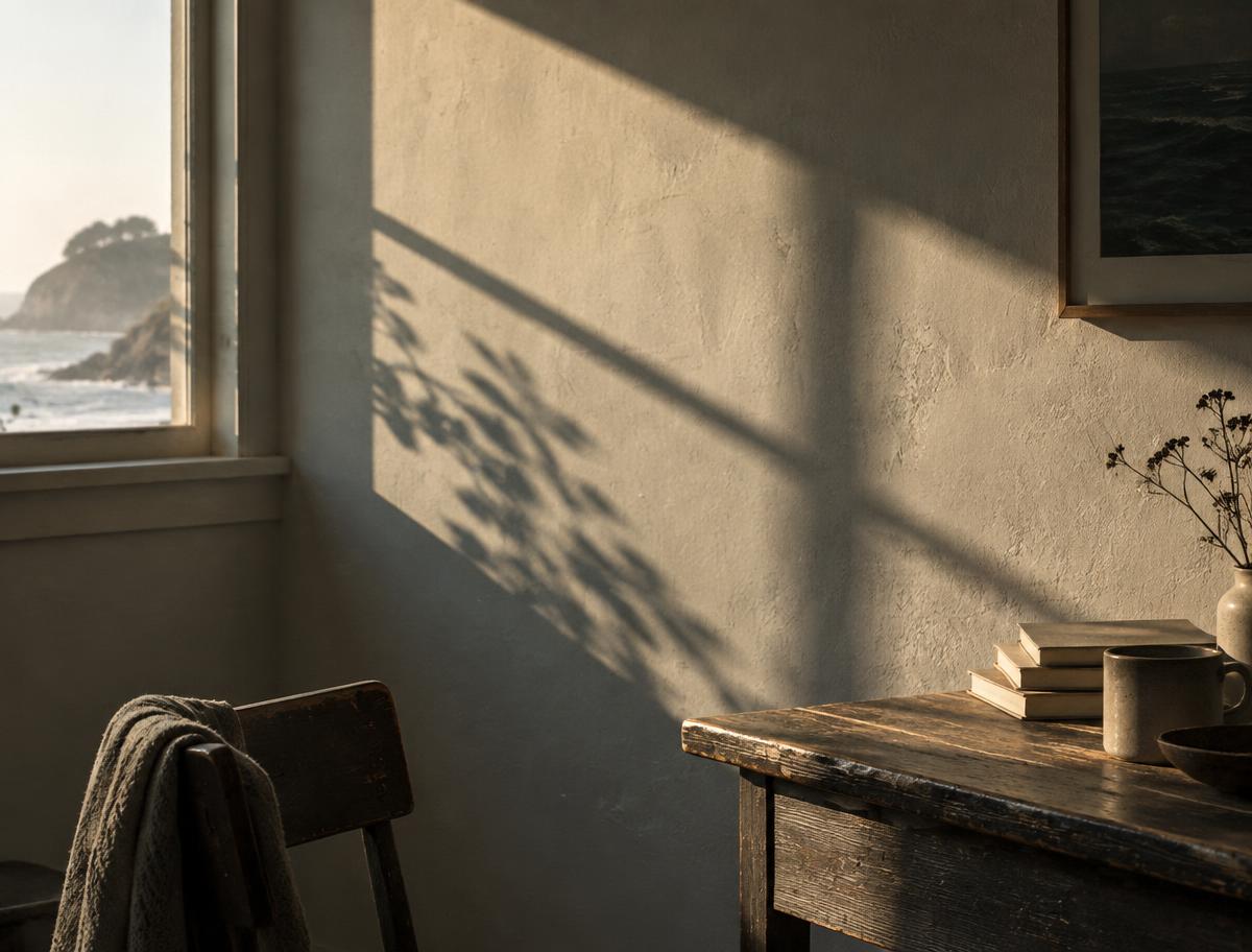 Late afternoon coastal light falling across an interior wall and a worn wooden desk